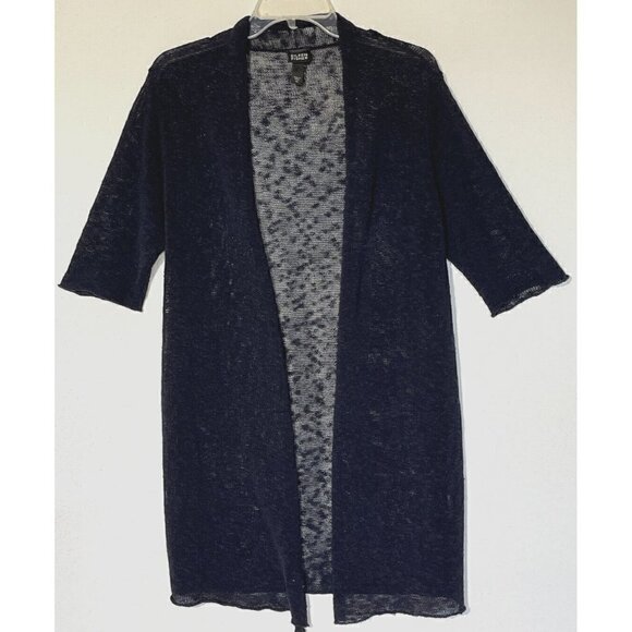 Eileen Fisher Navy Blue Linen Cotton blend Open Long Cardigan Sweater - Picture 1 of 7